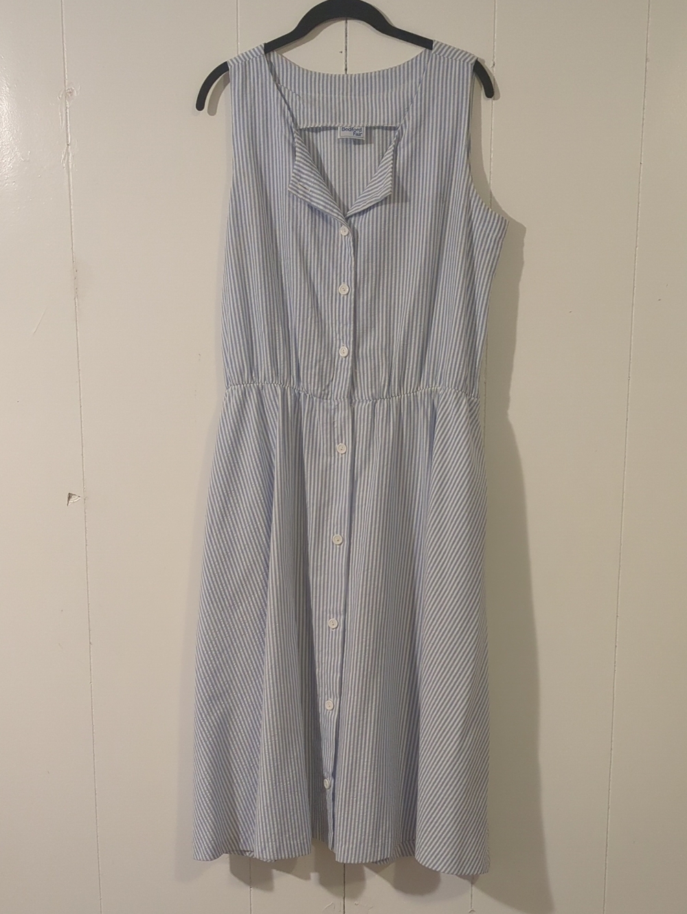 Blue and White Striped Sleeveless Button-Front Midi Dress